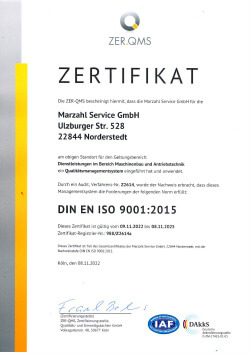Zertifikat DIN EN ISO 9001:2015 für Marzahl Service GmbH