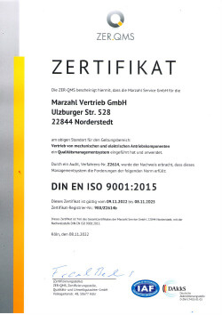 Zertifikat DIN EN ISO 9001:2015 für Marzahl Vertrieb GmbH